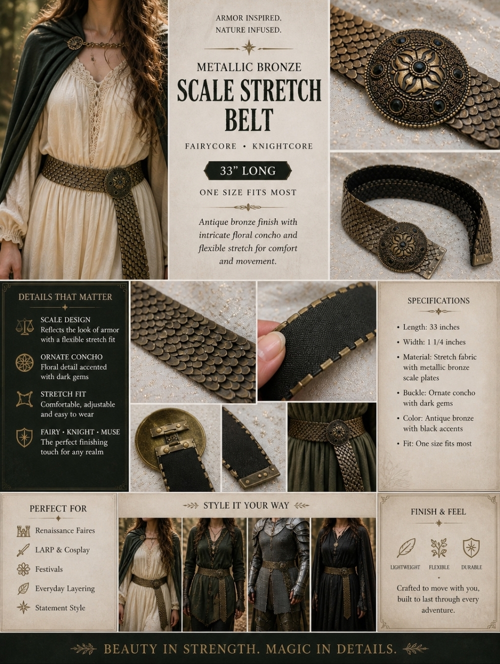 Metallic Bronze Scale Stretch Fairycore Knightcore Belt